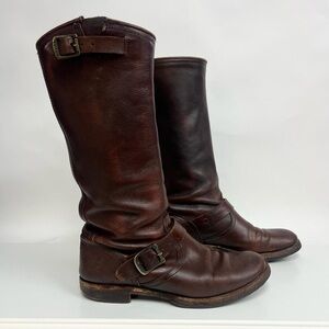 Frye Brown Combat Moto Boots with Buckle Accents